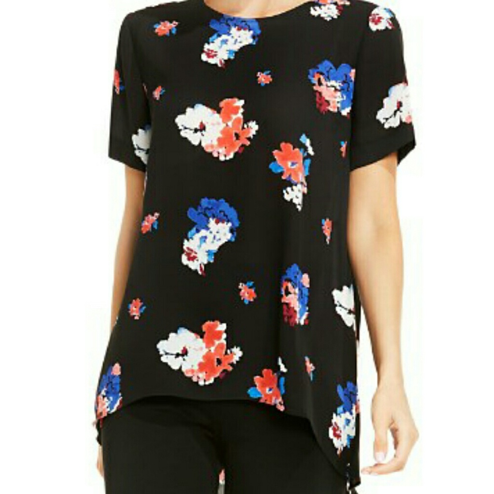 Vince Camuto Black Floral Hi-Lo Tunic Blouse